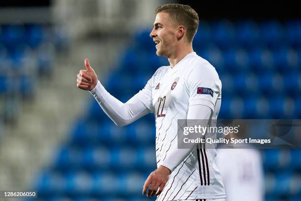 Vladislavs Gutkovskis of Latvia reacts during the UEFA Nations League group M stage match between Andorra and Latvia at Estadi Nacional on November...