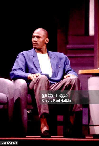 Michael Jordan guests on the David Letterman Show at the Chicago Theater in Chicago Illinois , May 3,1989.