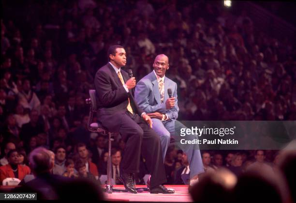 Michael Jordan retirement event. Ahmad Rashad and Michael Jordan at the United Center on October 5,1993 in Chicago, Illinois. "n"n"n