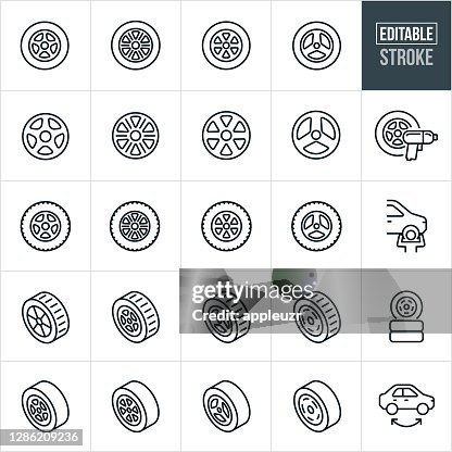 Iconos de línea fina de neumáticos y llantas - Trazo editable Iconos de línea fina de neumáticos y llantas - Trazo editable