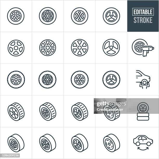 ilustraciones, imágenes clip art, dibujos animados e iconos de stock de iconos de línea fina de neumáticos y llantas - trazo editable - margenes