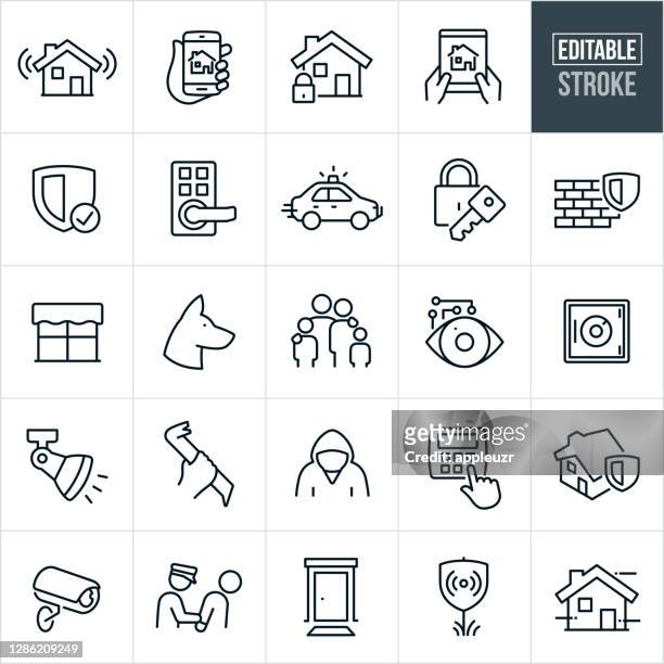stockillustraties, clipart, cartoons en iconen met pictogrammen voor dunne lijn voor thuisbeveiliging - bewerkbare lijn - beveiliging