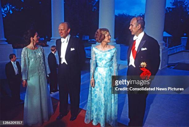 View of, from left, Anne-Aymone Giscard d'Estaing, US President Gerald Ford , Betty Ford , and French President Valery Giscard d'Estaing in formal...