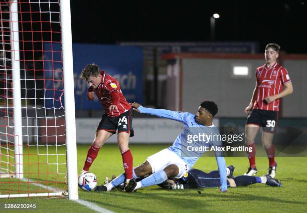 Keyendrah Simmonds of Man City scores his sides first goal during the EFL Trophy match between Lincoln City and Manchester City U21 at Sincil Bank...