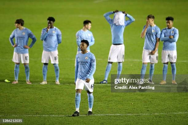 Keyendrah Simmonds of Man City walks to take a penalty in the penalty shoot-out, which he went on to missduring the EFL Trophy match between Lincoln...