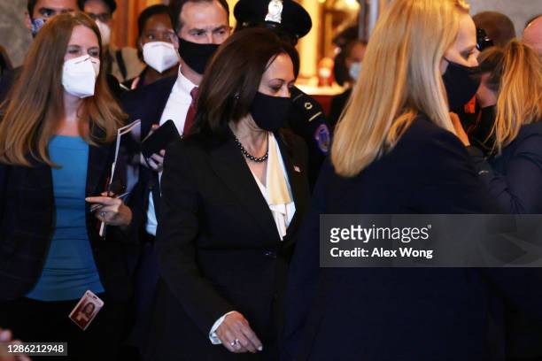 Vice President-elect Sen. Kamala Harris leaves the Senate chamber after she cast a vote November 17, 2020 at the U.S. Capitol in Washington, DC....