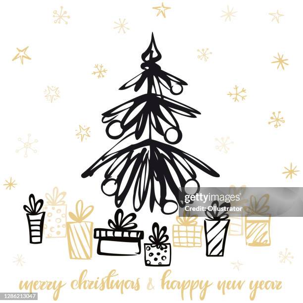 holiday card with christmas presents under the tree. vector illustration. - christmas sketch stock illustrations