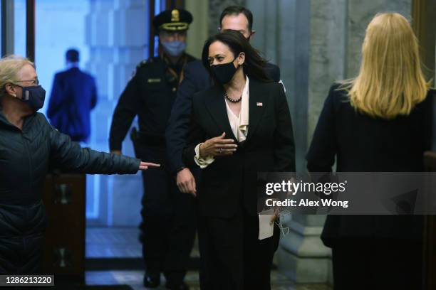 Vice President-elect Sen. Kamala Harris is greeted by Sen. Patty Murray as she arrives at the U.S. Capitol for a vote November 17, 2020 in...