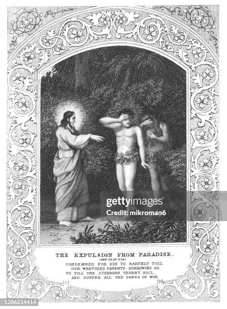 vintage new testament illustration image of the expulsion from paradise - garden of eden old testament stock-fotos und bilder