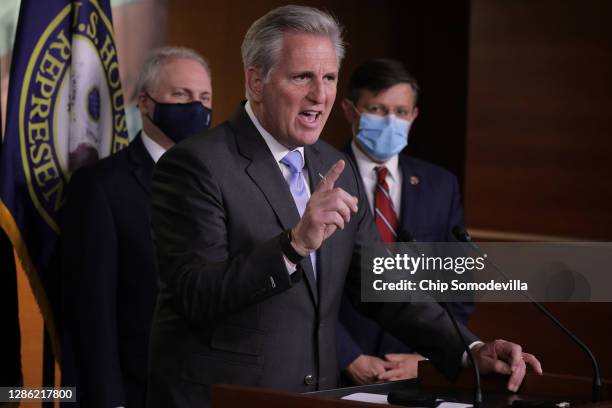 House Minority Leader Kevin McCarthy talks to reporters following House Republican conference leadership elections at the U.S. Capitol on November...