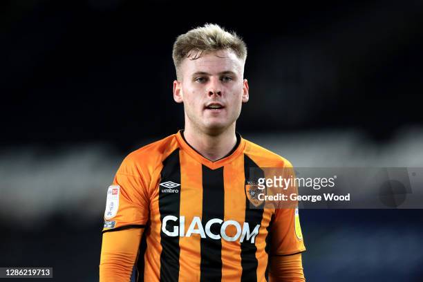 James Scott of Hull City looks on during the EFL Trophy match between Hull City and Grimsby Town at KCOM Stadium on November 17, 2020 in Hull,...