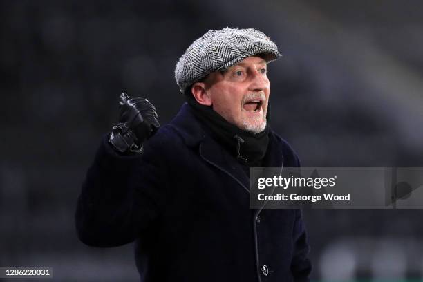 Ian Holloway, manager of Grimsby Town reacts during the EFL Trophy match between Hull City and Grimsby Town at KCOM Stadium on November 17, 2020 in...