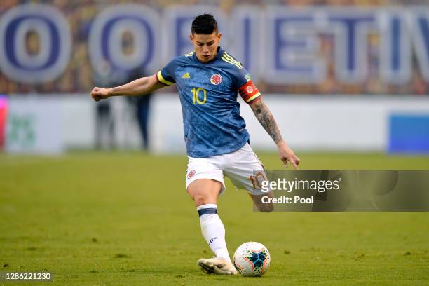 James Rodríguez of Colombia kicks the ball during a match between Ecuador and Colombia as part of South American Qualifiers for World Cup FIFA Qatar...