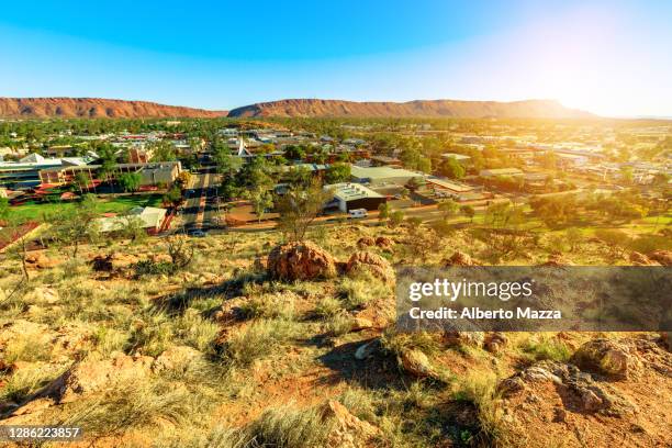 alice springs aerial view at sunset - alice springs stock pictures, royalty-free photos & images