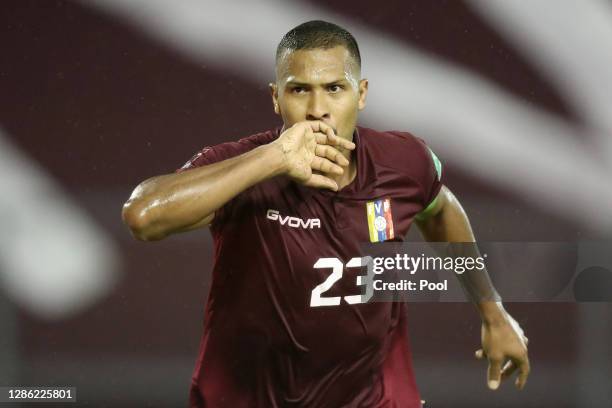 Salomón Rondón of Venezuela celebrates after scoring the second goal of his team during a match between Venezuela and Chile as part of South American...