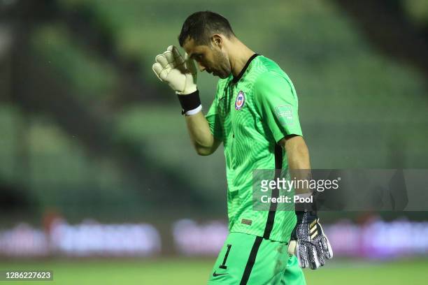 Claudio Bravo goalkeeper of Chile reacts during a match between Venezuela and Chile as part of South American Qualifiers for World Cup FIFA Qatar...