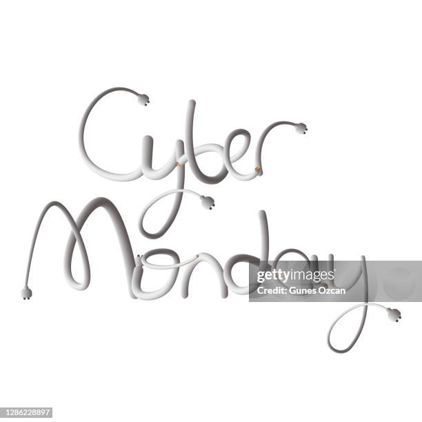 cyber monday kabel skript - elektrische draht - schnur schrift - doodle schriftzug von stecker kabel - plug adapter stock-grafiken, -clipart, -cartoons und -symbole