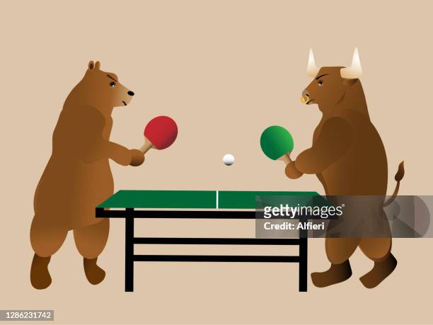 stockillustraties, clipart, cartoons en iconen met het spel pingpong van de beer en van de stier - beer pong