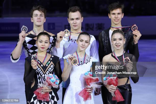 The Junior Pairs' medal winners, , Silver medalists Diana Mukhametzianova and Ilya Mironov of Russia, Gold medalists Apollinariia Panfilova and...