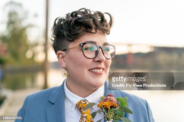 Stylish lesbian bride on her wedding day