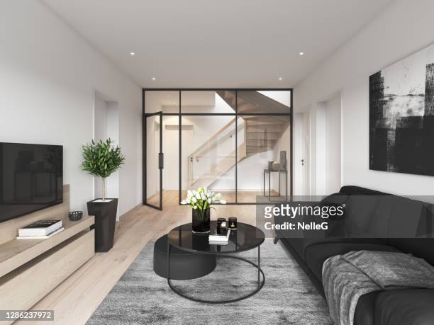 modern living room - basement stock pictures, royalty-free photos & images