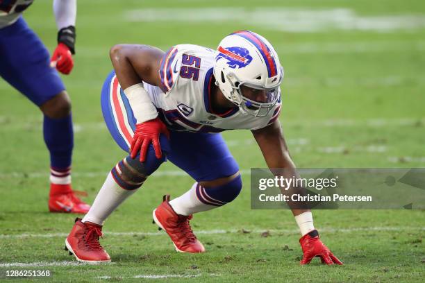 Defensive end Jerry Hughes of the Buffalo Bills lines up against the Arizona Cardinals during the NFL game at State Farm Stadium on November 15, 2020...