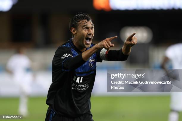 Chris Wondolowski of the San Jose Earthquakes celebrates during a game between Los Angeles FC and San Jose Earthquakes at Earthquakes Stadium on...