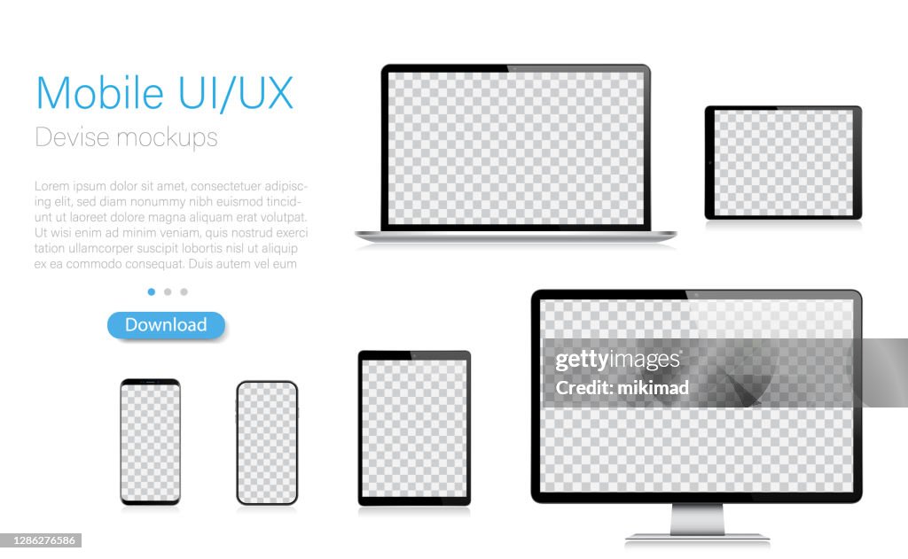 Realista Vector Mockup Tableta Digital, Teléfono Móvil, Teléfono Inteligente, Portátil y Monitor de Computadora. Dispositivos digitales modernos. EPS 10.