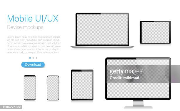 realistic vector mockup digital tablet, mobile phone, smart phone, laptop and computer monitor. modern digital devices. eps 10. - computer monitor stock illustrations