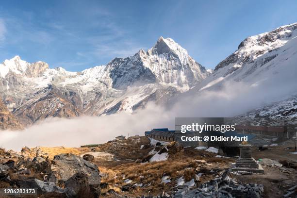 annapurna base camp and the machhapuchhare peak in the background in the himalaya in nepal - annapurna beschermd gebied stockfoto's en -beelden