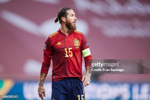 Sergio Ramos of Spain looks on during the UEFA Nations League group stage match between Spain and Germany at Estadio de La Cartuja on November 17,...