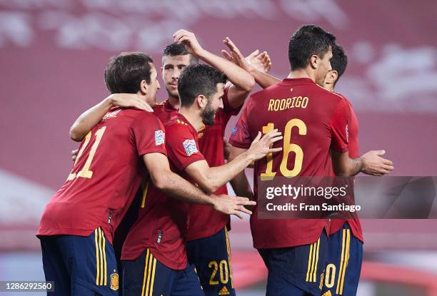 Mikel Oyarzabal of Spain celebrates scoring his team's sixth goal with team mates during the UEFA Nations League group stage match between Spain and...