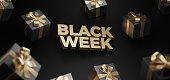 3d rendering of Black Week Super Sale. Realistic black gifts boxes. Pattern with black gift box. Dark background golden text lettering. Horizontal banner, poster, header website.