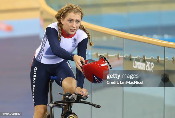 Laura Trott of Great Britain celebrates after winning the Gold medal in the Women's Omnium Track Cycling 500m Time Trial on Day 11 of the London 2012...