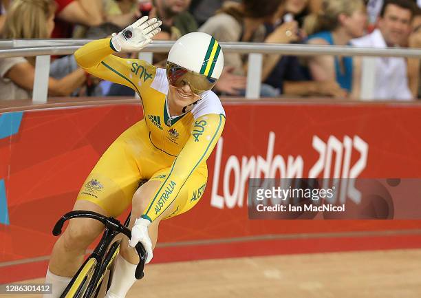 Anna Meares of Australia celebrates winning the final and the gold medal in the Women's Sprint Track Cycling Final on Day 11 of the London 2012...