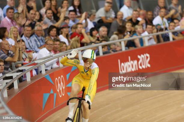 Anna Meares of Australia celebrates winning the final and the gold medal in the Women's Sprint Track Cycling Final on Day 11 of the London 2012...