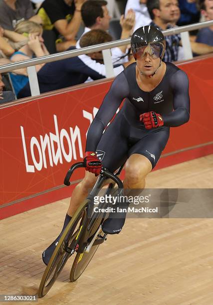 Simon van Velthooven of New Zealand reacts after the Men's Keirin Track Cycling final on Day 11 of the London 2012 Olympic Games at Velodrome on...