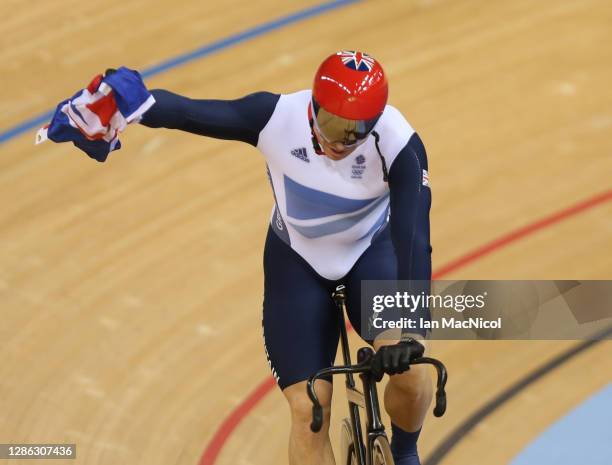 Sir Chris Hoy of Great Britain celebrates after winning the final of the Men's Keirin Track Cycling on Day 11 of the London 2012 Olympic Games at...