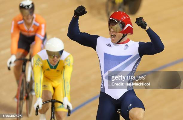 Sir Chris Hoy of Great Britain celebrates after winning the final of the Men's Keirin Track Cycling on Day 11 of the London 2012 Olympic Games at...