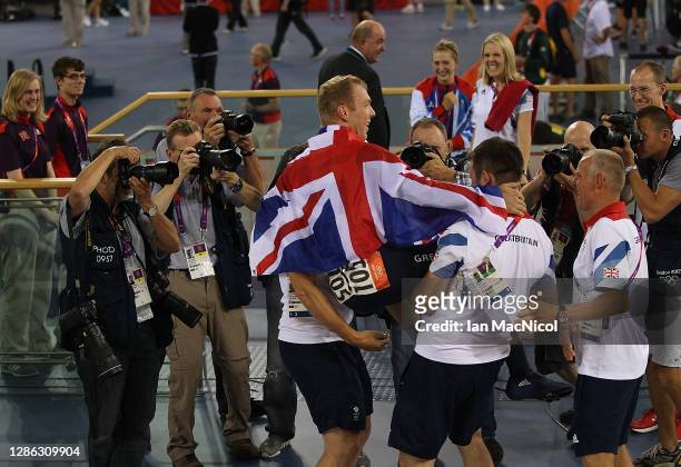 Sir Chris Hoy of Great Britain celebrates after winning the final of the Men's Keirin Track Cycling on Day 11 of the London 2012 Olympic Games at...