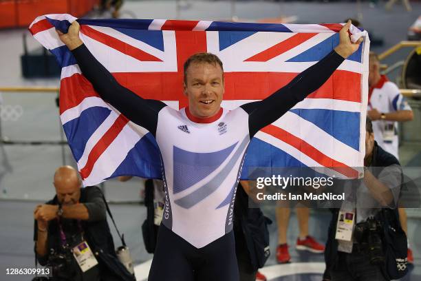 Sir Chris Hoy of Great Britain celebrates after winning the final of the Men's Keirin Track Cycling on Day 11 of the London 2012 Olympic Games at...