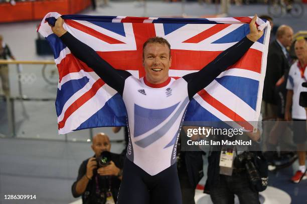 Sir Chris Hoy of Great Britain celebrates after winning the final of the Men's Keirin Track Cycling on Day 11 of the London 2012 Olympic Games at...