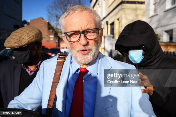 Former Labour party leader Jeremy Corbyn leaves his home on November 18, 2020 in London, England. Corbyn, former Labour Leader and MP for Islington...