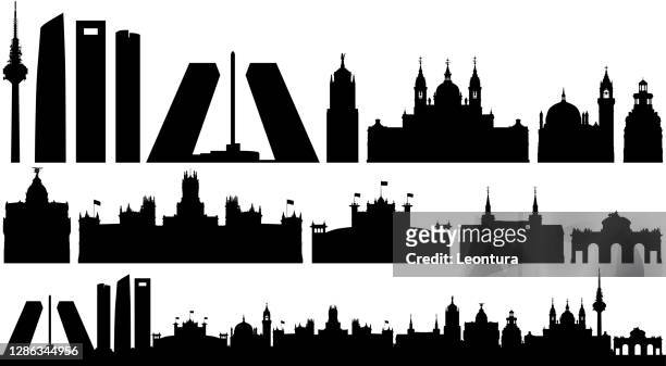 ilustraciones, imágenes clip art, dibujos animados e iconos de stock de silueta del horizonte de madrid (todos los edificios son completos y móviles) - skyline