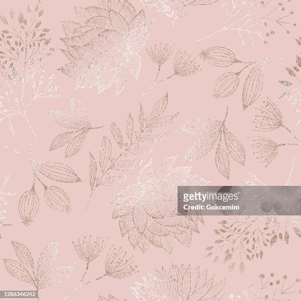 rose gold colored floral seamless pattern with hand drawn leaves, bloosoms and branches. christmas and new year greeting card background template, christmas present wrapping paper.  rose gold foil vector design element for birthday, new year, christmas ca - metallic pink stock illustrations