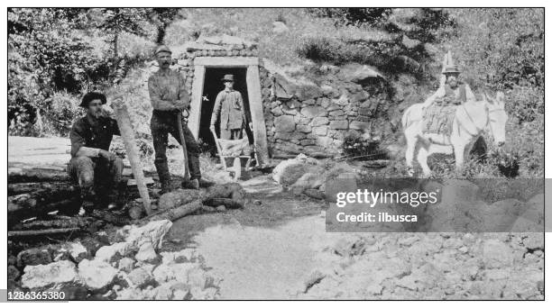 antique black and white photo of the united states: colorado silver mine - miner stock illustrations