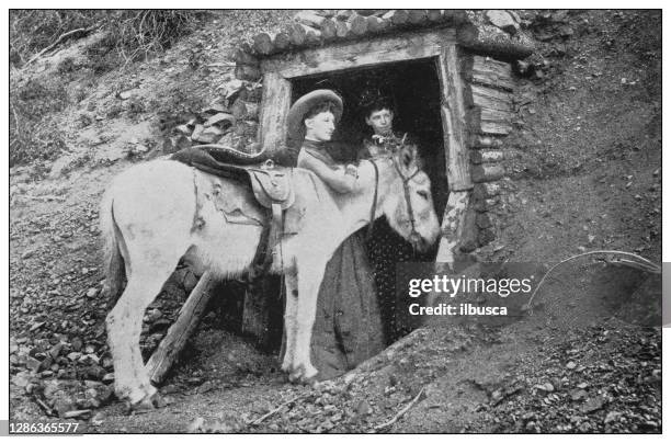 antique black and white photo of the united states: silver mine - gold panning stock illustrations