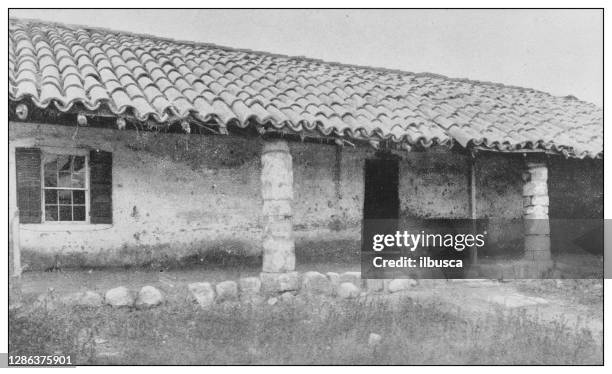 antique black and white photo of the united states: mexican adobe, california - adobe stock illustrations