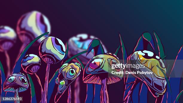 hand-drawn surreal illustration - mushrooms with eyes. - dreamlike illustrations stock illustrations