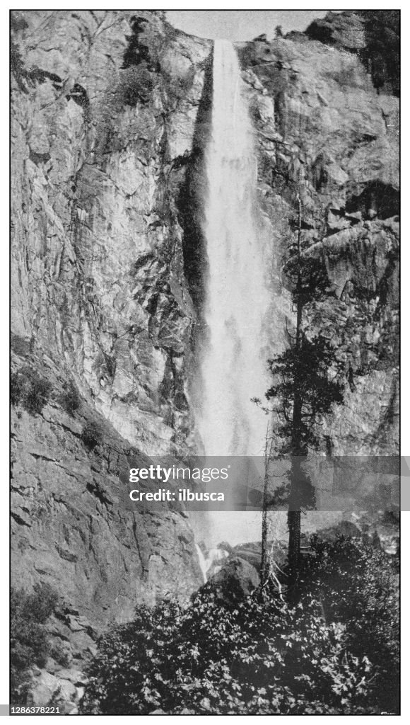 Foto antiga em preto e branco dos Estados Unidos: Véu de noiva cai, Yosemite